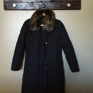 Black down long coat with fox fur collar