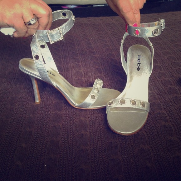 Bebe Leather Silver Jeweled Ankle Strap Sandals