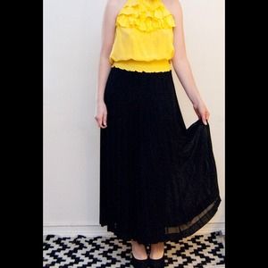 Black silk chiffon pleated maxi