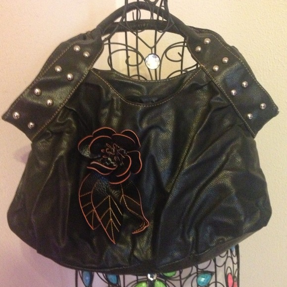 Black flower power hand bag