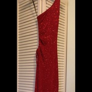 Sparkly Red One-Shoulder Ankle Length Gown