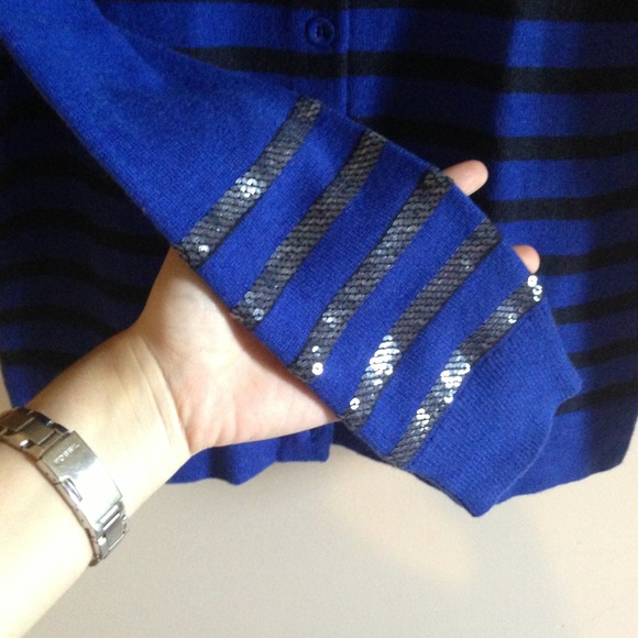 REDUCED!! Blue & black striped cardigan w/ sequins - Picture 2 of 4
