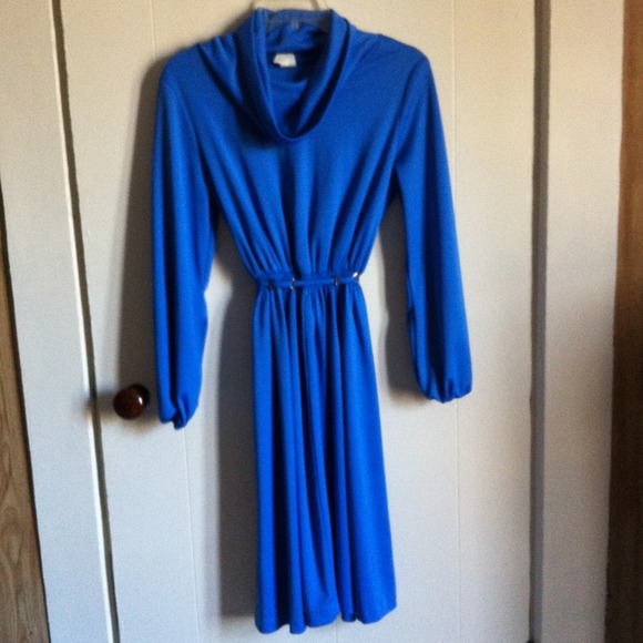 Cowl neck blue dress.