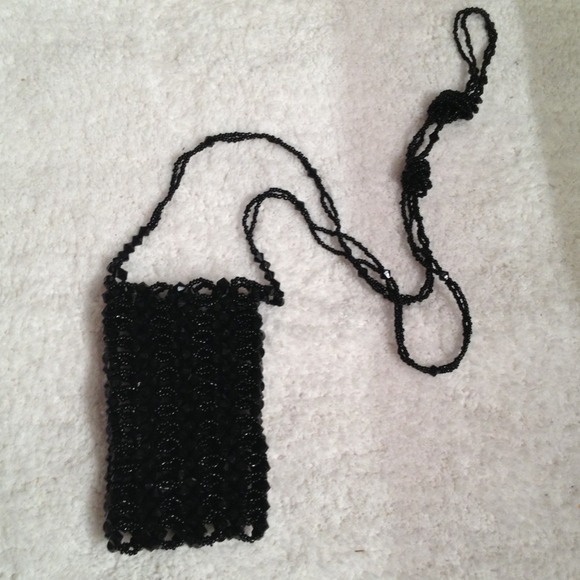 Black beaded cell phone & card purse; fits iPhones
