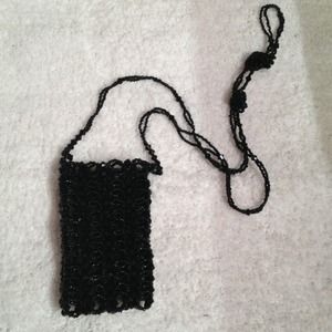 Black beaded cell phone & card purse; fits iPhones