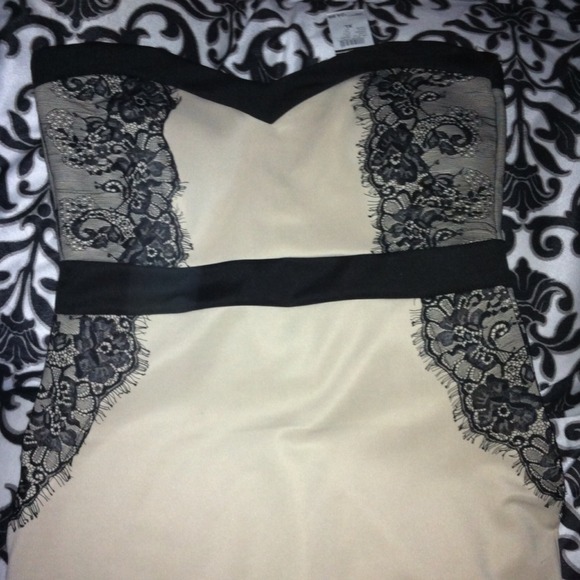 Sexy tan dress with black lace accents