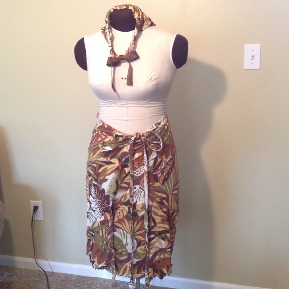 Brown tropical wrap skirt w/ bonus head scarf