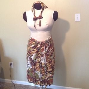 Brown tropical wrap skirt w/ bonus head scarf