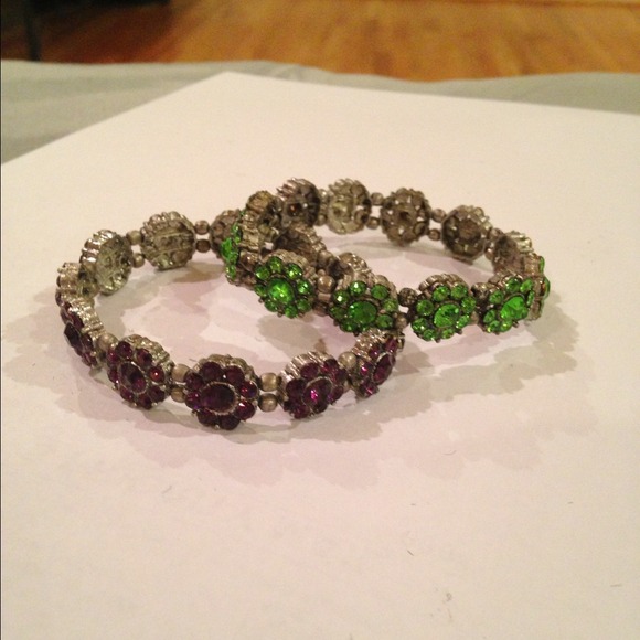 Green and purple bundled jeweled flower bracelets!