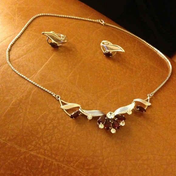 Vintage sterling Garnett and CZ necklace & earring
