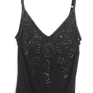 Black embroidered dress.