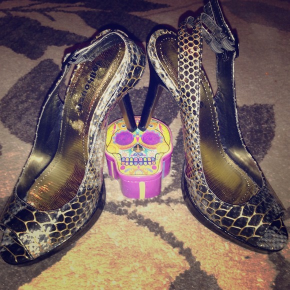 Snakeskin peep toe sling backs