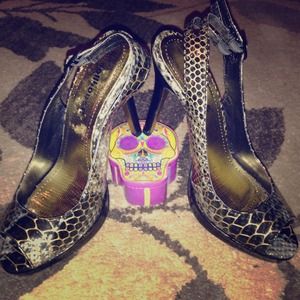 Snakeskin peep toe sling backs