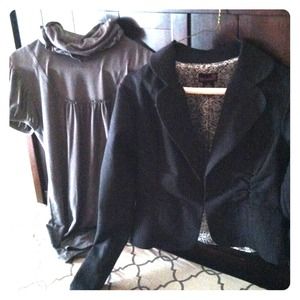Ruffled grey blouse & black Striped Blazer