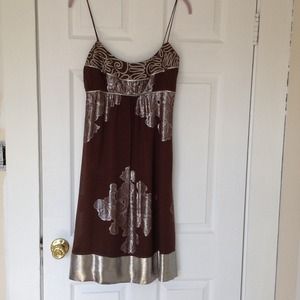 Nicole Miller, brown and silver silk dress.