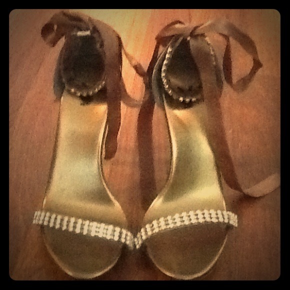 Bronze and "diamond" ribbon lace-up heels