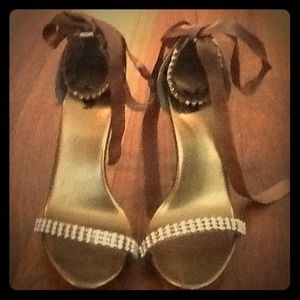 Bronze and "diamond" ribbon lace-up heels