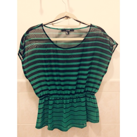 F21 Black & Green Striped Chiffon Top