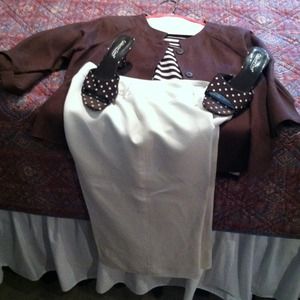 Slacks, jacket, striped tank, shoes