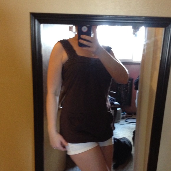 Brown tank with crochet straps/neckline detail.