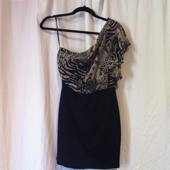 Black and Tan one shoulder dress