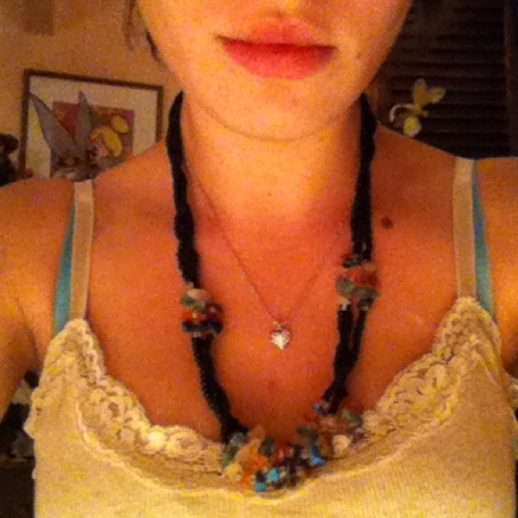 Black bead/multicolored stone necklace