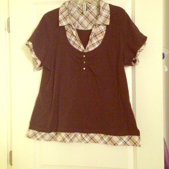 🚫SOLD🚫Brown plaid collared shirt size 22/24 - Picture 1 of 1