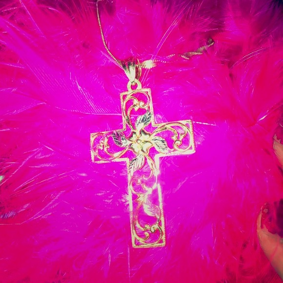 Gold & Silver Floral Decorated Cross Necklace NWOT