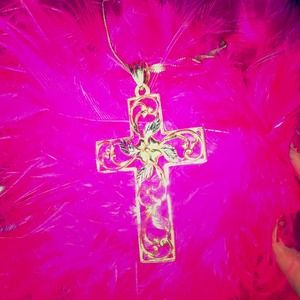 Gold & Silver Floral Decorated Cross Necklace NWOT