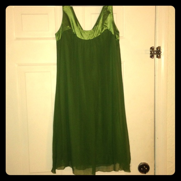 Silk. Olive colored flowy dress.