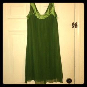 Silk. Olive colored flowy dress.