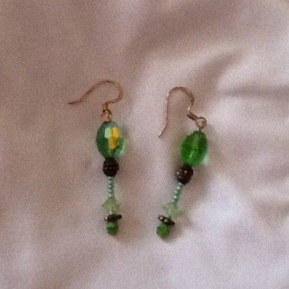 Handmade Earrings--green & gold with black