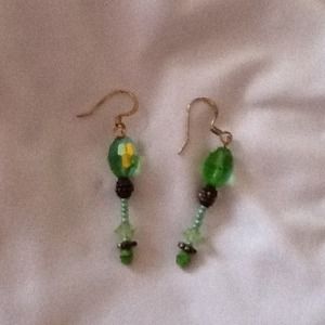 Handmade Earrings--green & gold with black