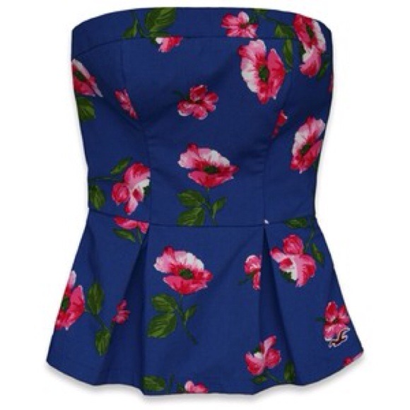 Hollister Blue Floral Strapless Peplum Top