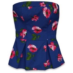 Hollister Blue Floral Strapless Peplum Top