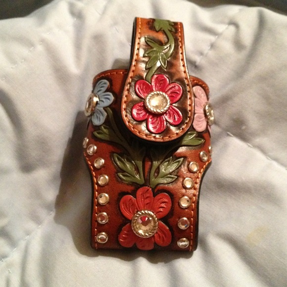 Western leather painted bling painted phone holder
