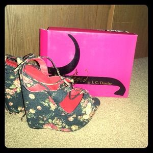 Denim Rose Flower Wedge Shoes