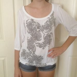 White LOFT tee with gray design and sequins