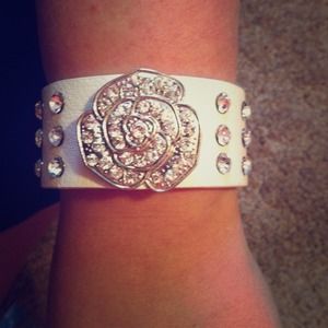 Rose + rhinestoned white rocker bracelet