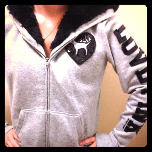 Sequin Black Victorias Secret Pink Fur Hoodie