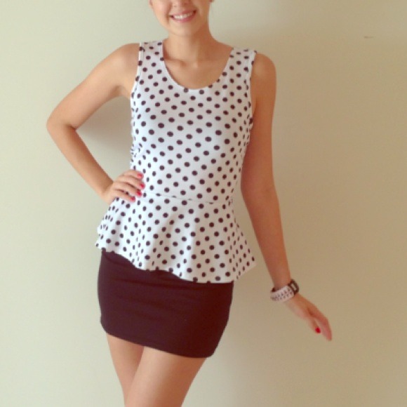 Lovely White & Black Polka Dots Peplum Top Small