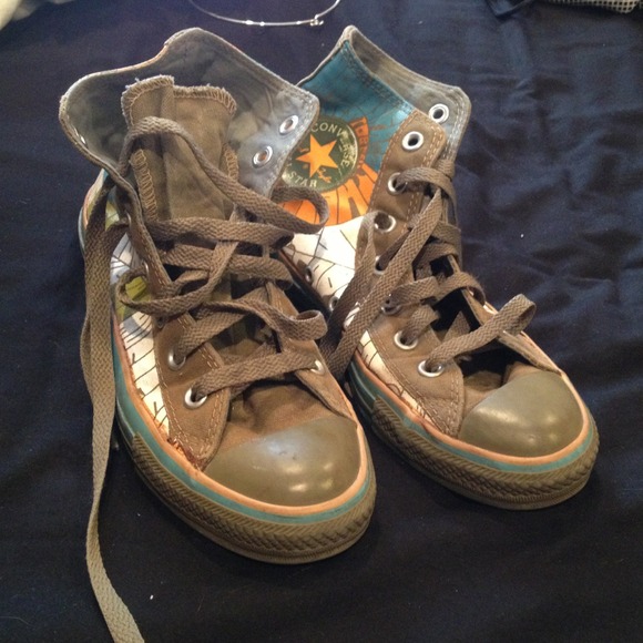 Size 8 green orange blue and white worded converse