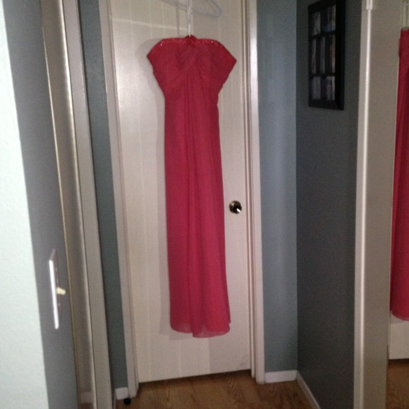 Prom Dress. Strapless Coral Gown.
