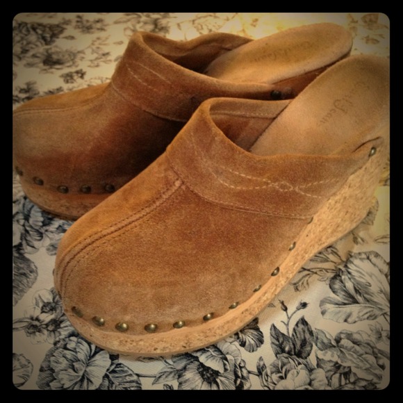 Brown swede clogs