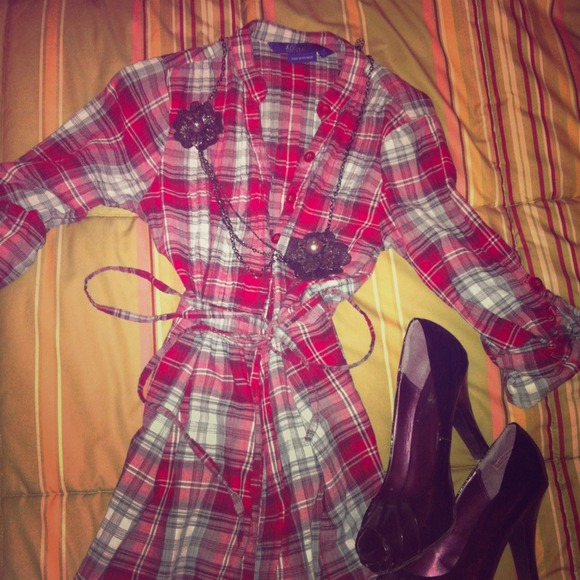 Red Black and White Plaid Button Up Shirt