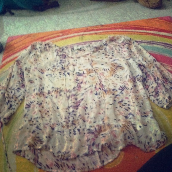 Chiffon like top, pink with multi-colored design
