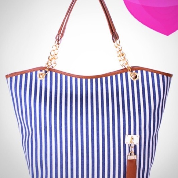 New navy and white striped tote bag