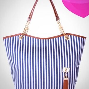 New navy and white striped tote bag