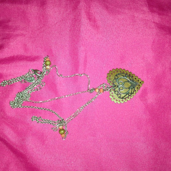 Silver necklace with peach and wooden beads