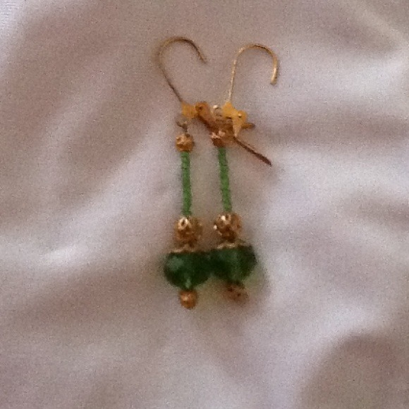 Handmade earrings--green & gold